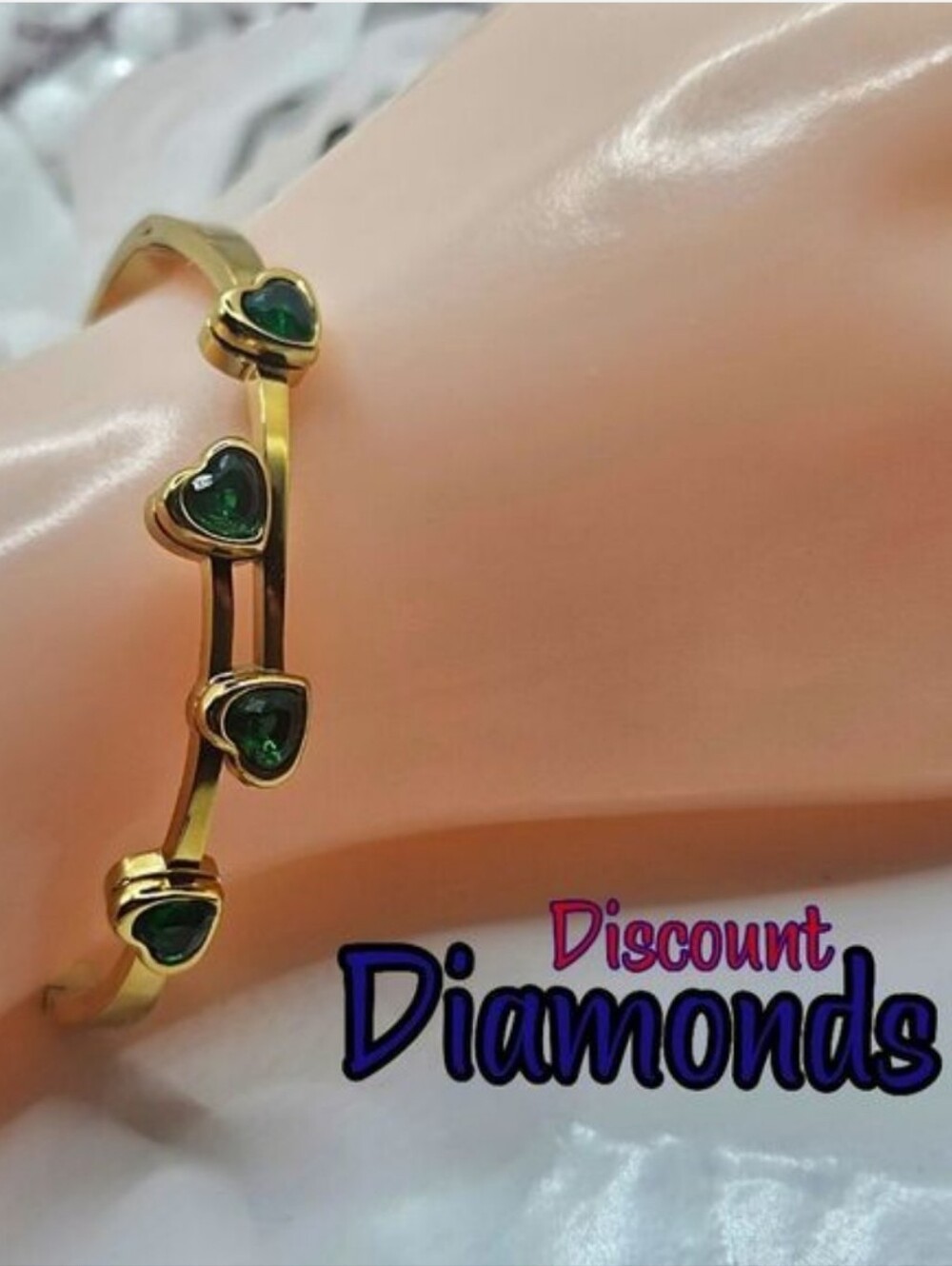 18K Yellow Gold Plated Titanium Bangle Bracelet with 4 Green Heart Gemstones
